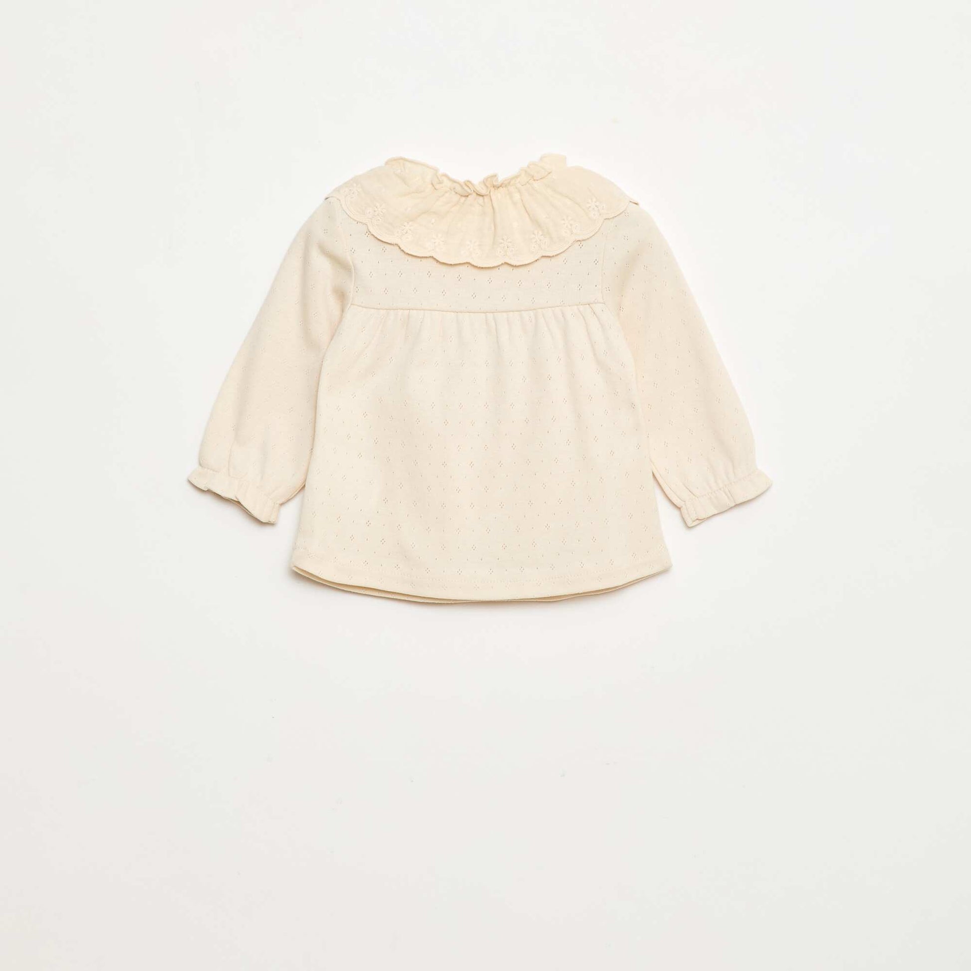 T-shirt en maille pointelle avec col brodé BLANC