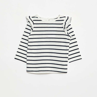 T-shirt manches longues avec emmanchures volantées et motif BLANC