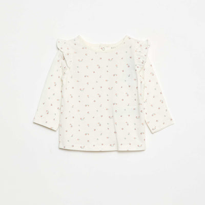 T-shirt manches longues avec emmanchures volantées et motif BLANC