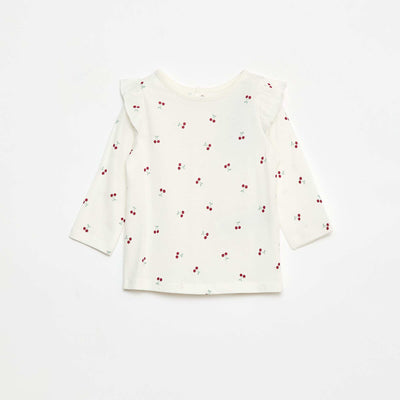 T-shirt manches longues avec emmanchures volantées et motif BLANC