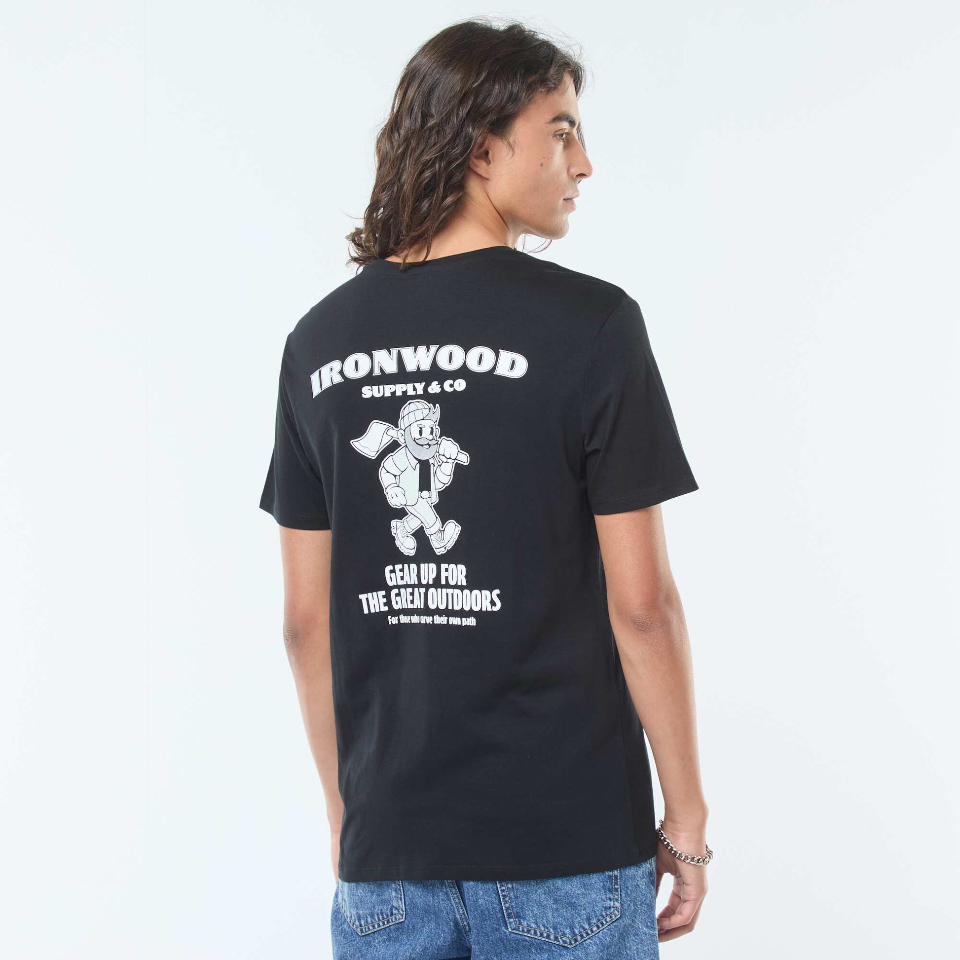 T-shirt imprimé à manches courtes et col rond NOIR