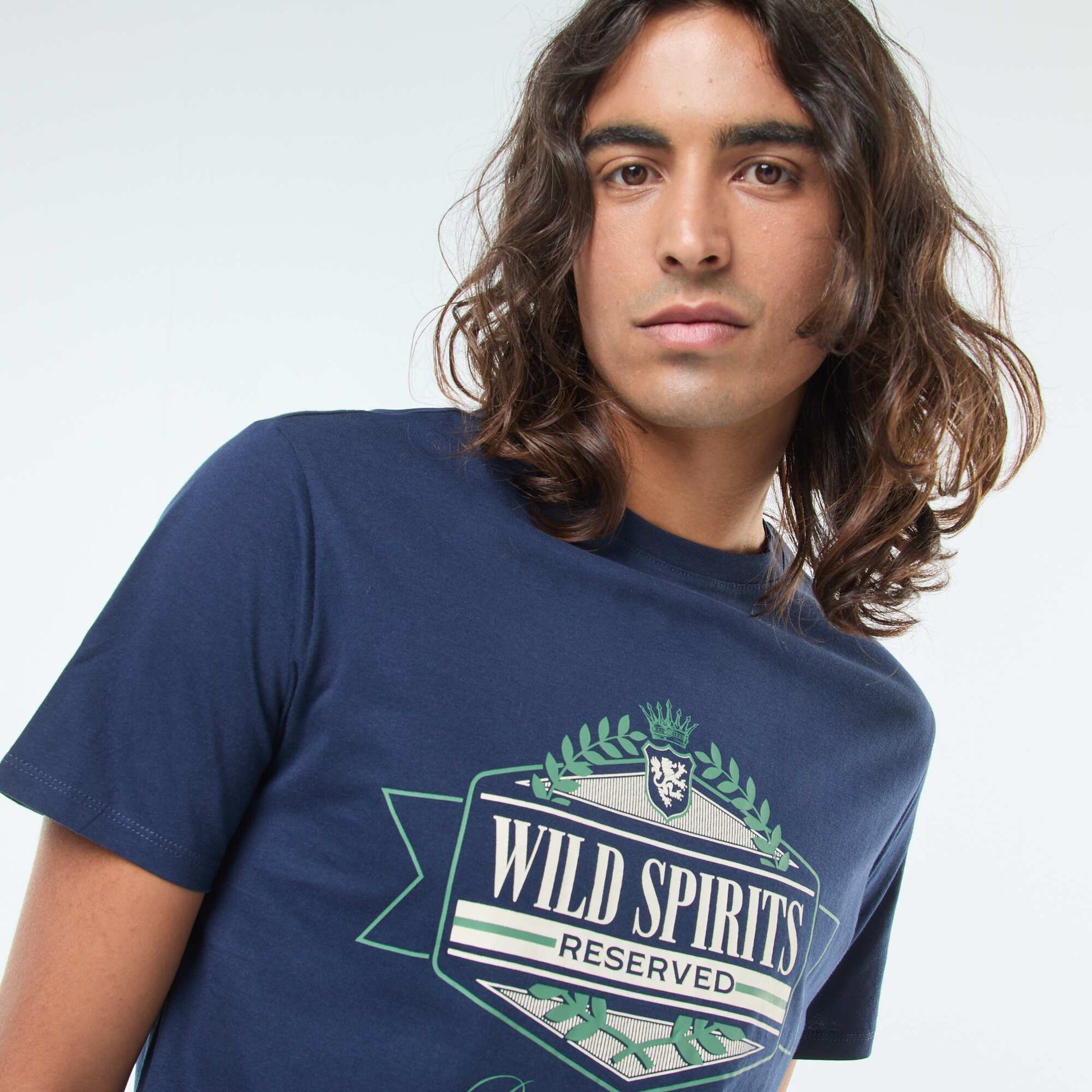 T-shirt imprimé à manches courtes et col rond BLEU
