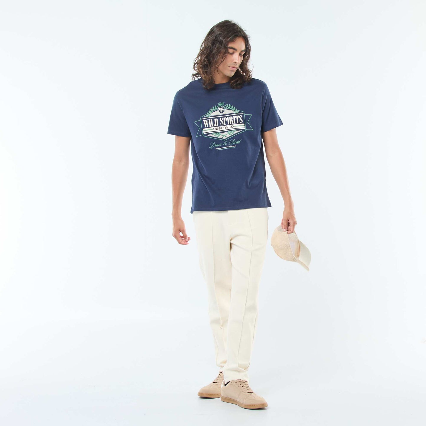T-shirt imprimé à manches courtes et col rond BLEU