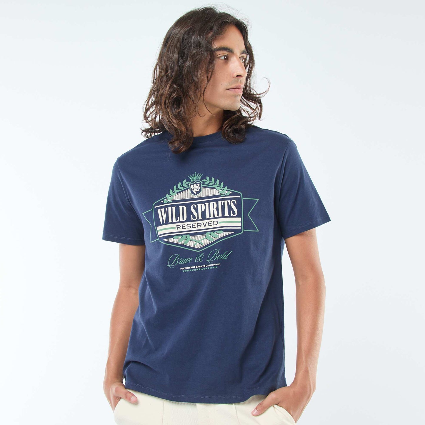 T-shirt imprimé à manches courtes et col rond BLEU
