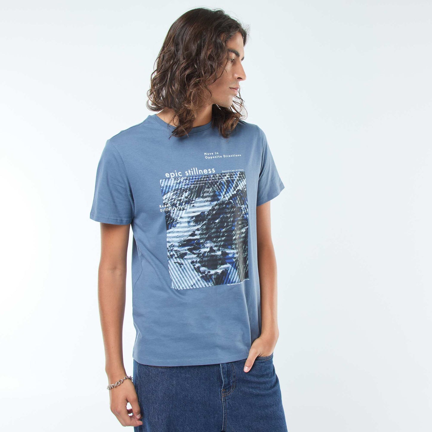 T-shirt imprimé à manches courtes et col rond BLEU