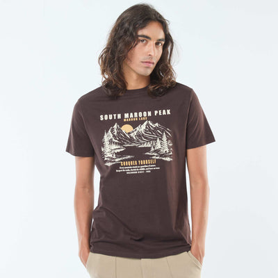 T-shirt imprimé à manches courtes et col rond MARRON