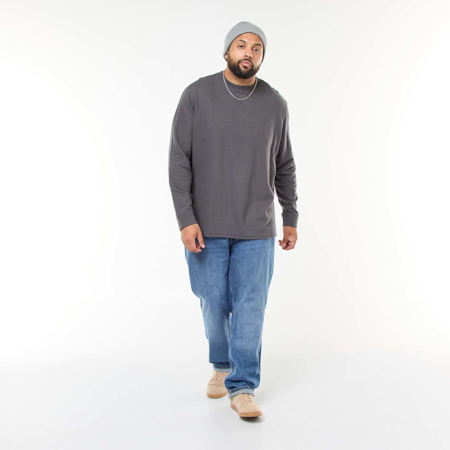 Pull en maille côtelée et col rond GRIS