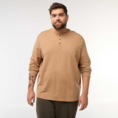 T-shirt en jersey à manches longues et col tunisien BEIGE