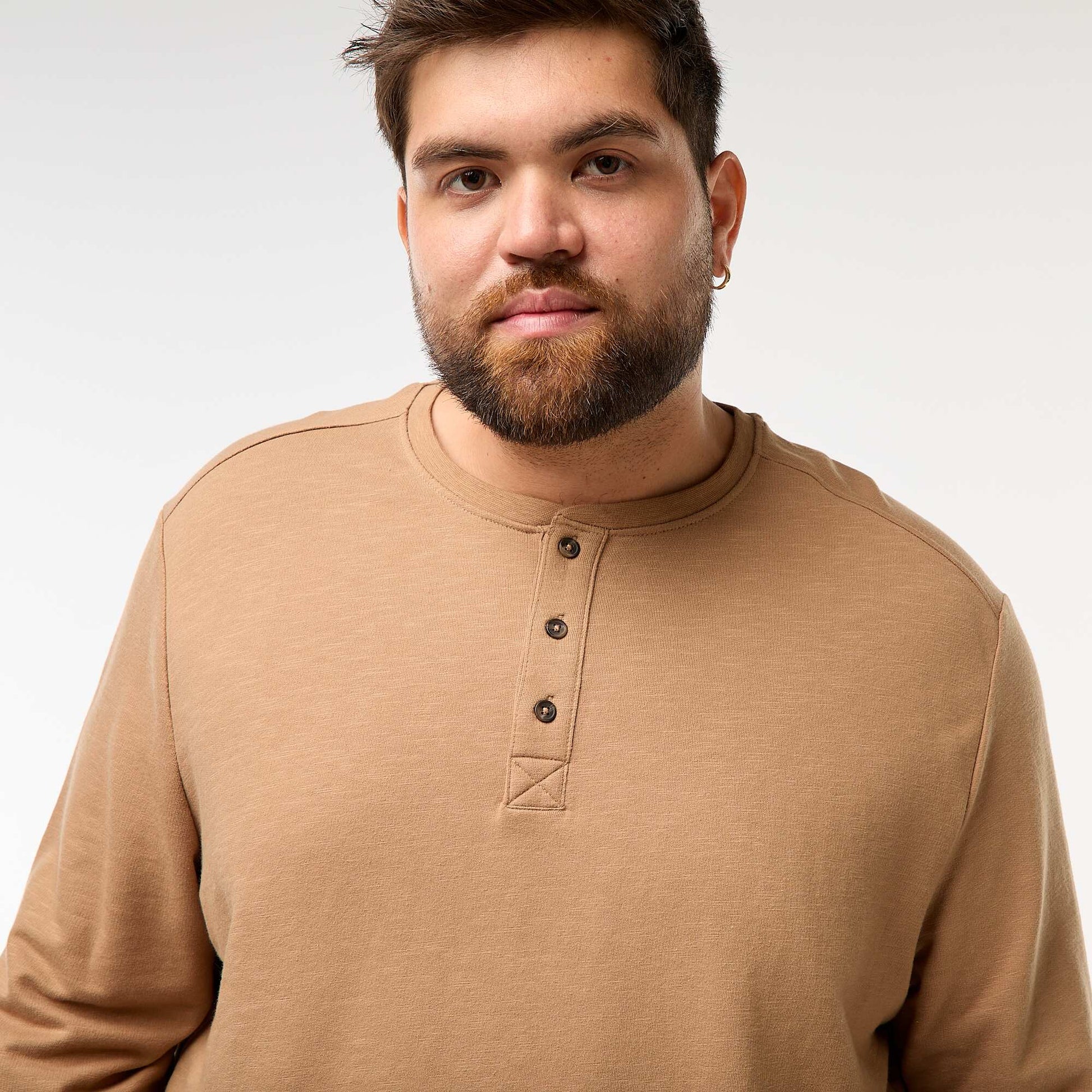 T-shirt en jersey à manches longues et col tunisien BEIGE