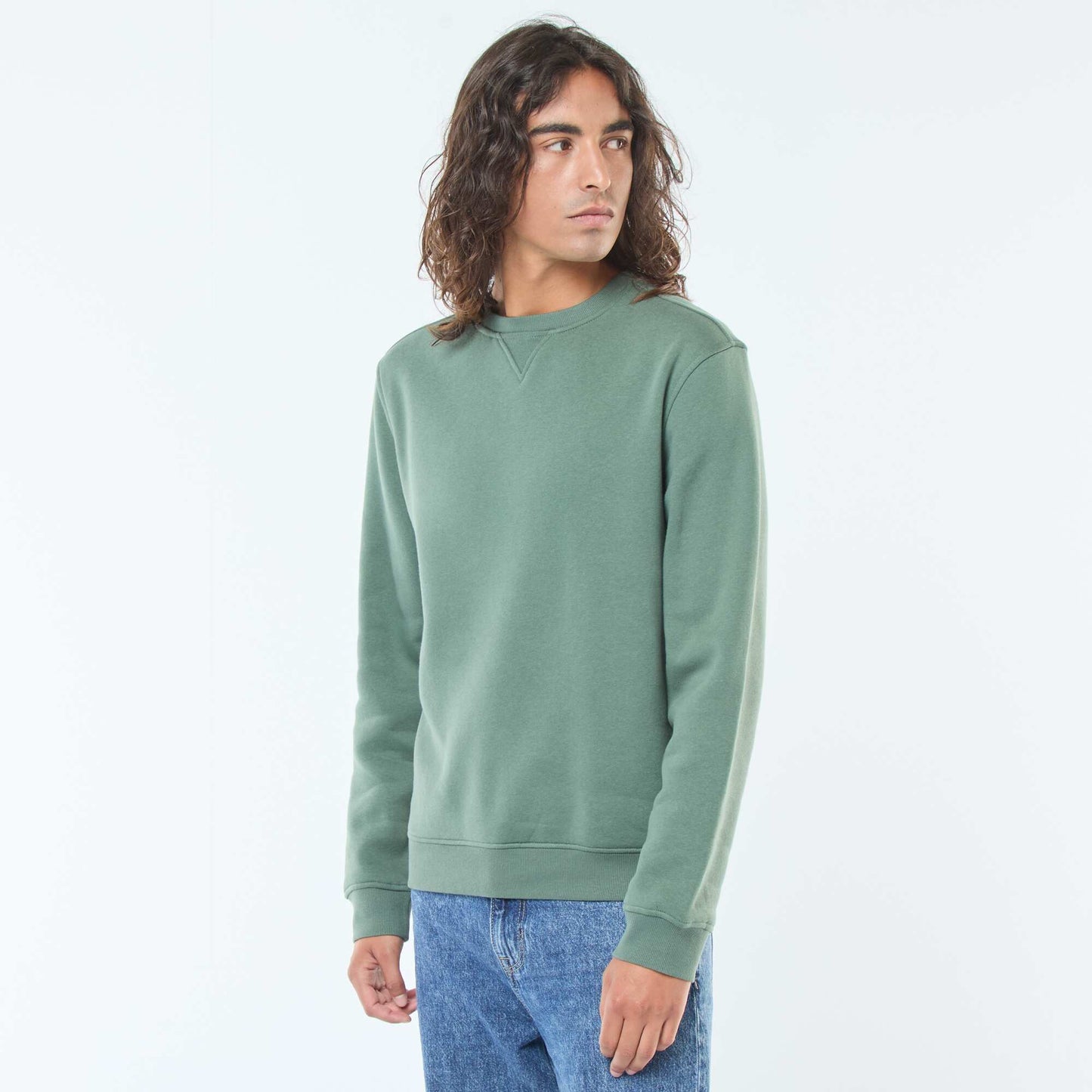Sweat uni à col rond en molleton gratté VERT