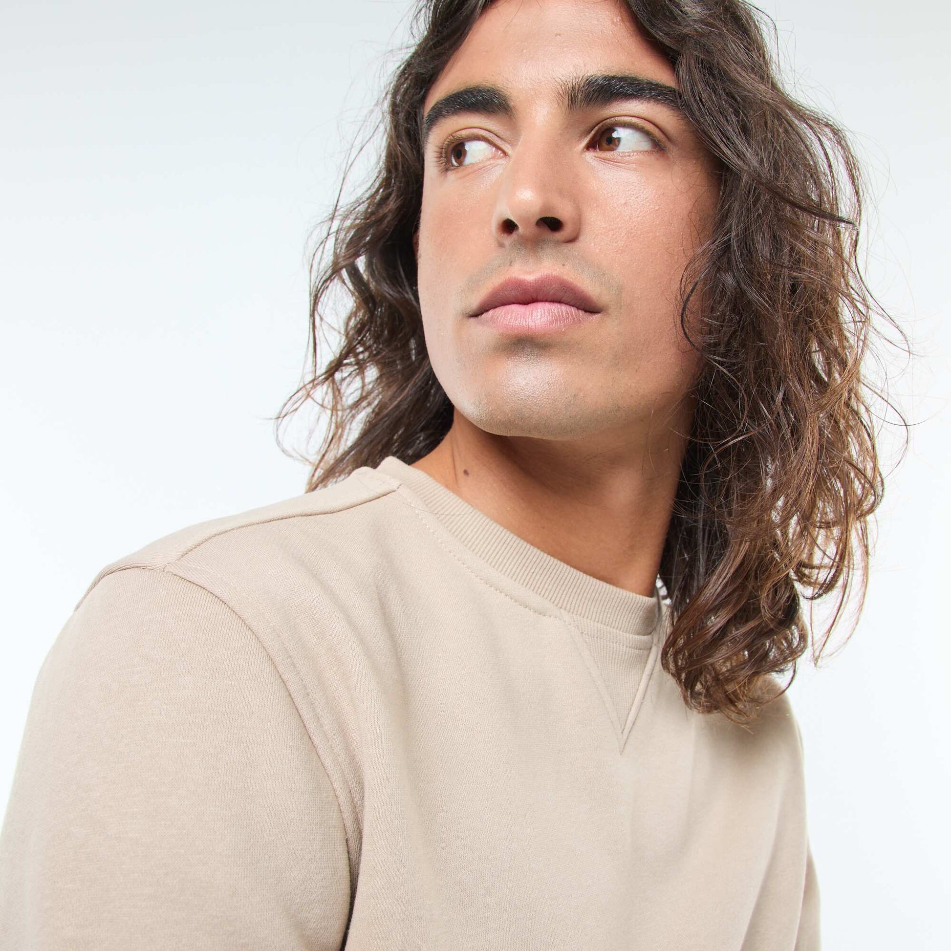 Sweat uni à col rond en molleton gratté BEIGE