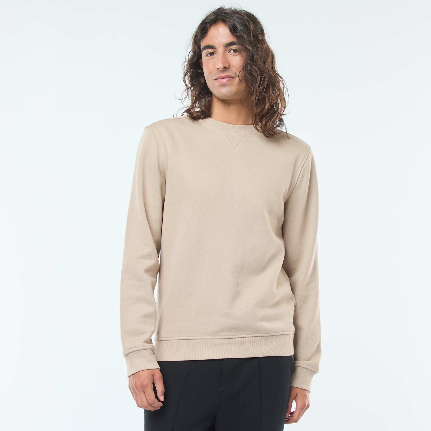 Sweat uni à col rond en molleton gratté BEIGE