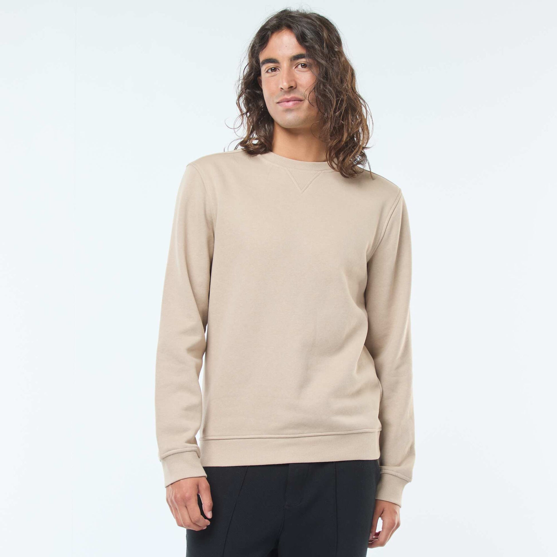 Sweat uni à col rond en molleton gratté BEIGE