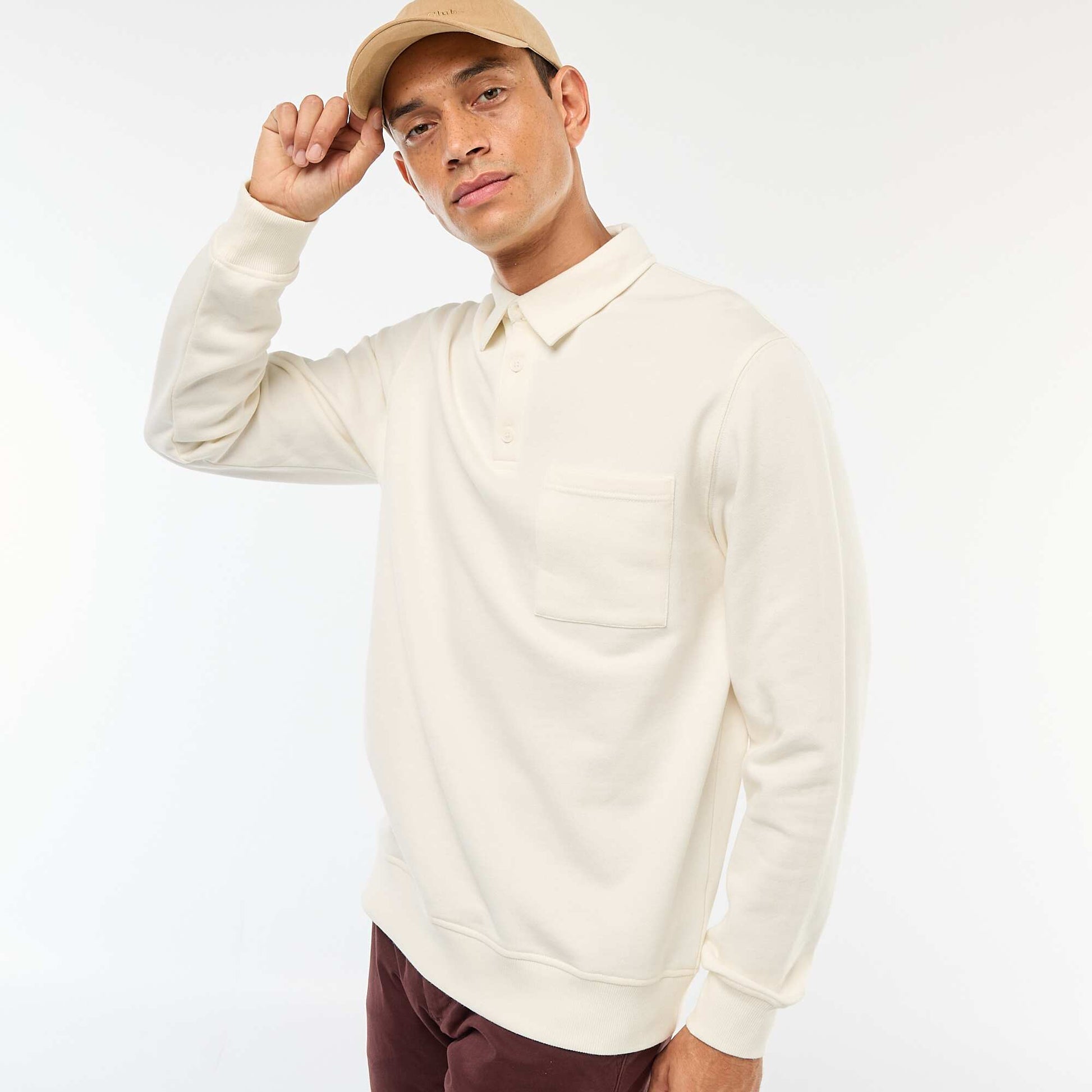 Sweat polo uni à manches longues BLANC