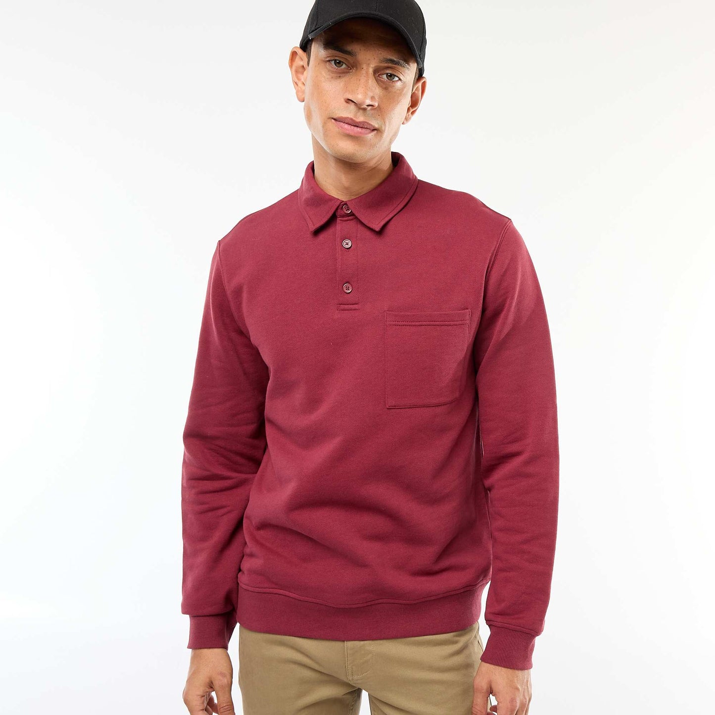 Sweat polo uni à manches longues ROUGE