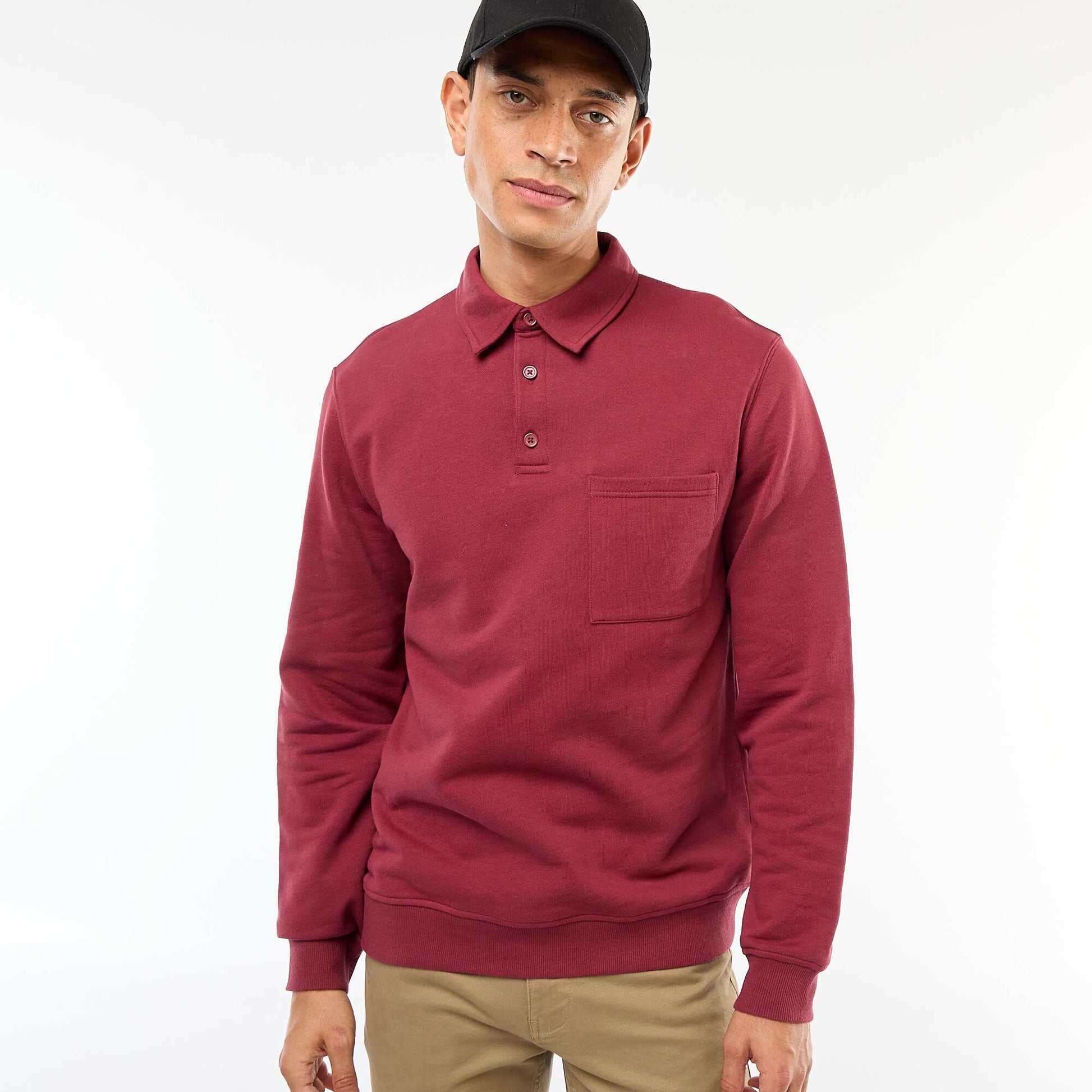 Sweat polo uni à manches longues ROUGE