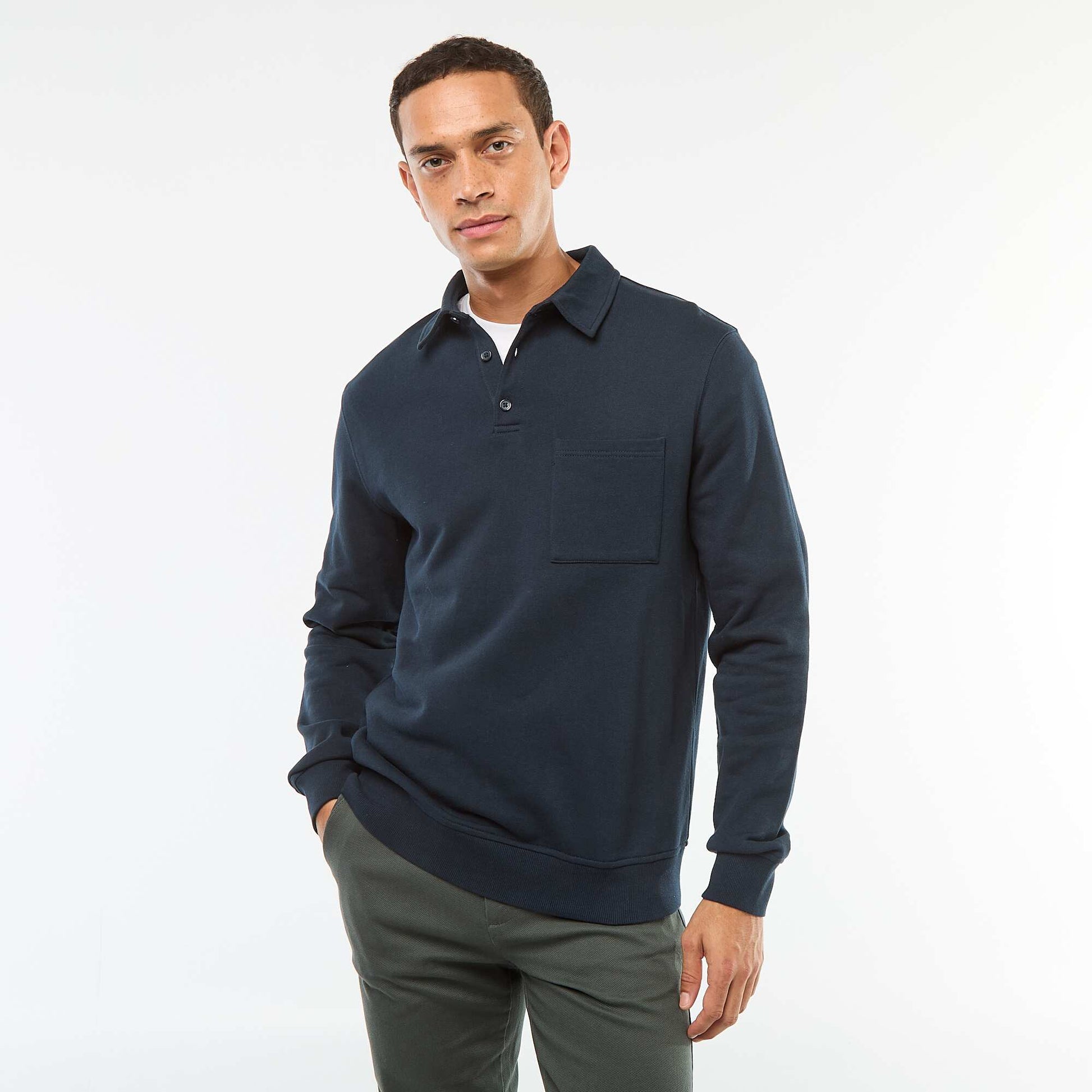 Sweat polo uni à manches longues BLEU