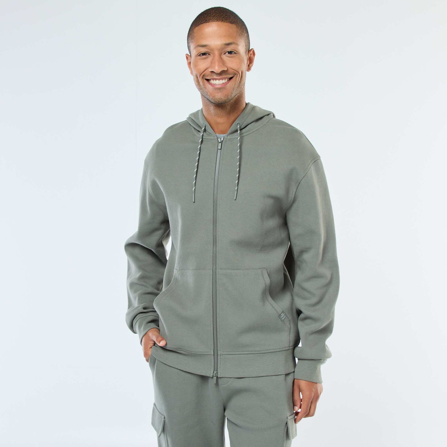 Sweat uni en maille piquée à capuche VERT