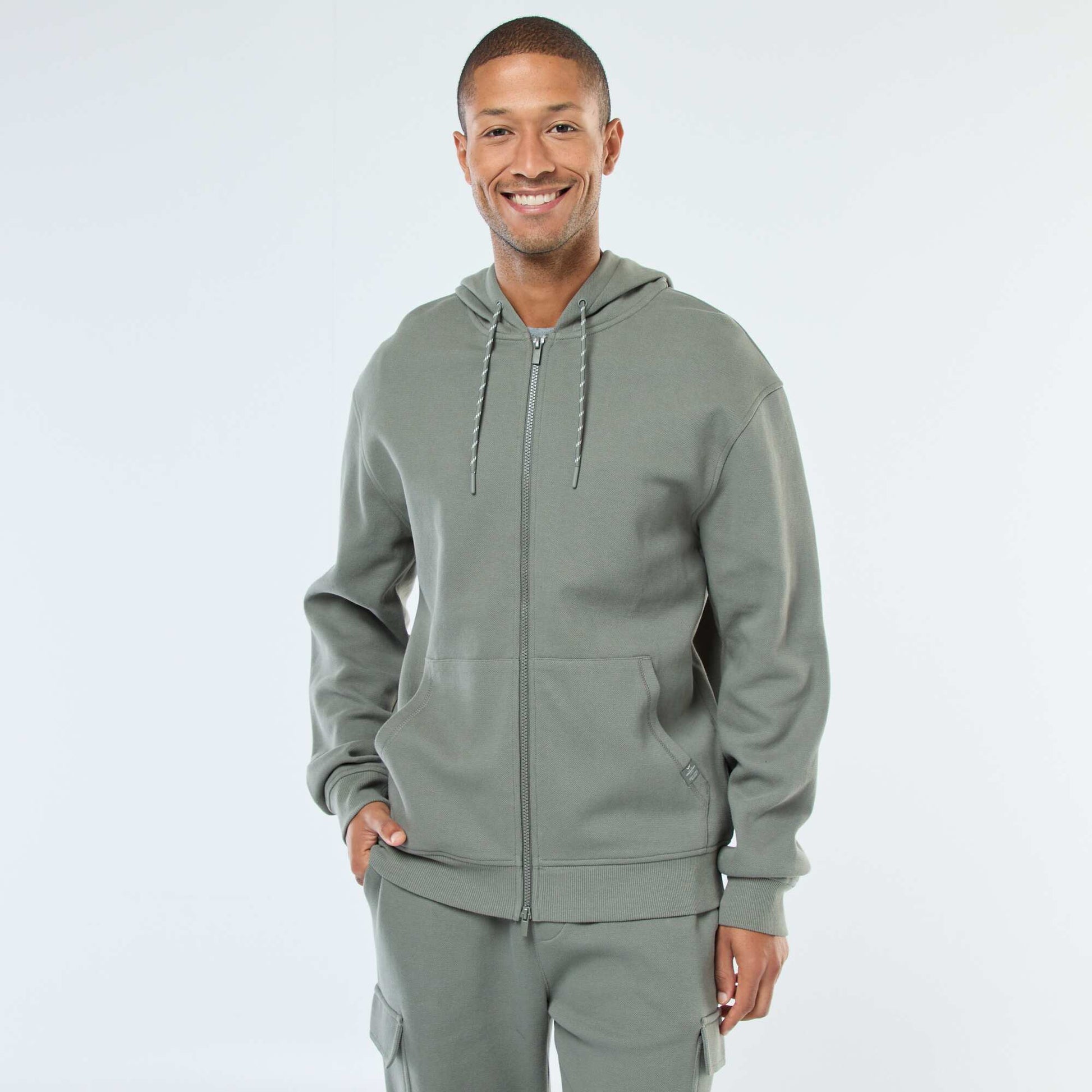 Sweat uni en maille piquée à capuche VERT