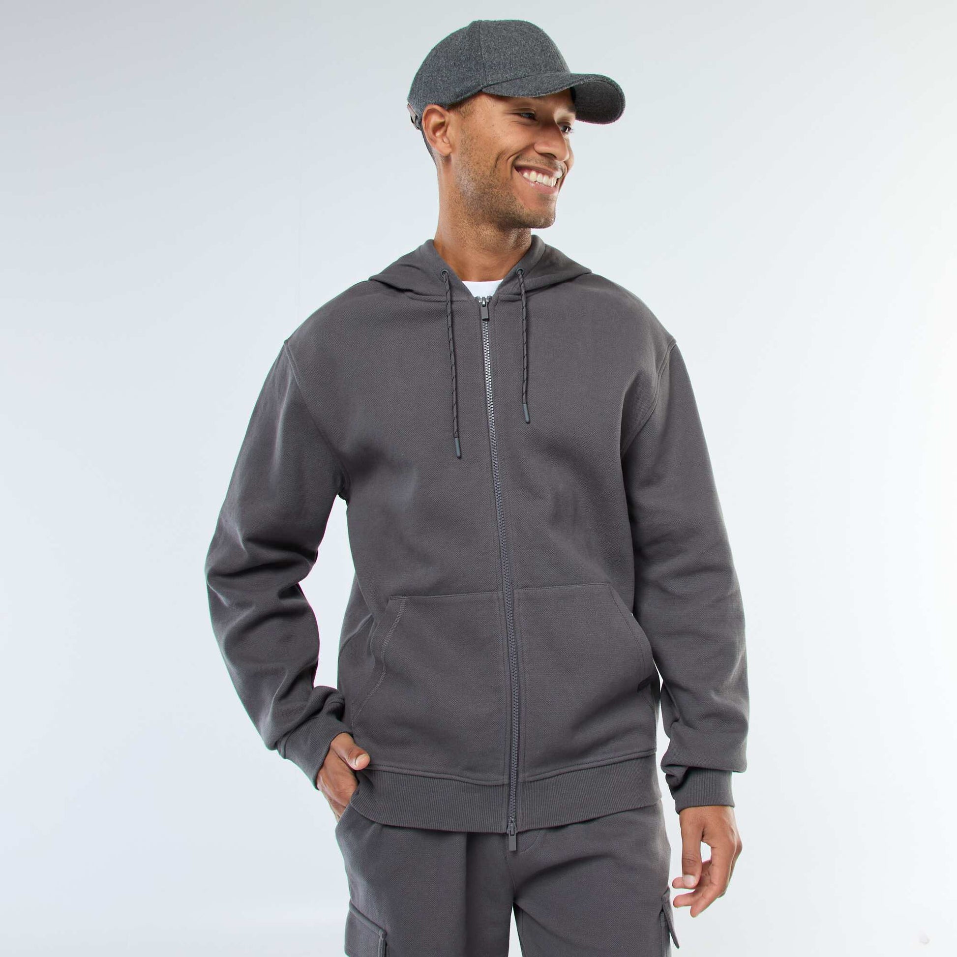 Sweat uni en maille piquée à capuche GRIS