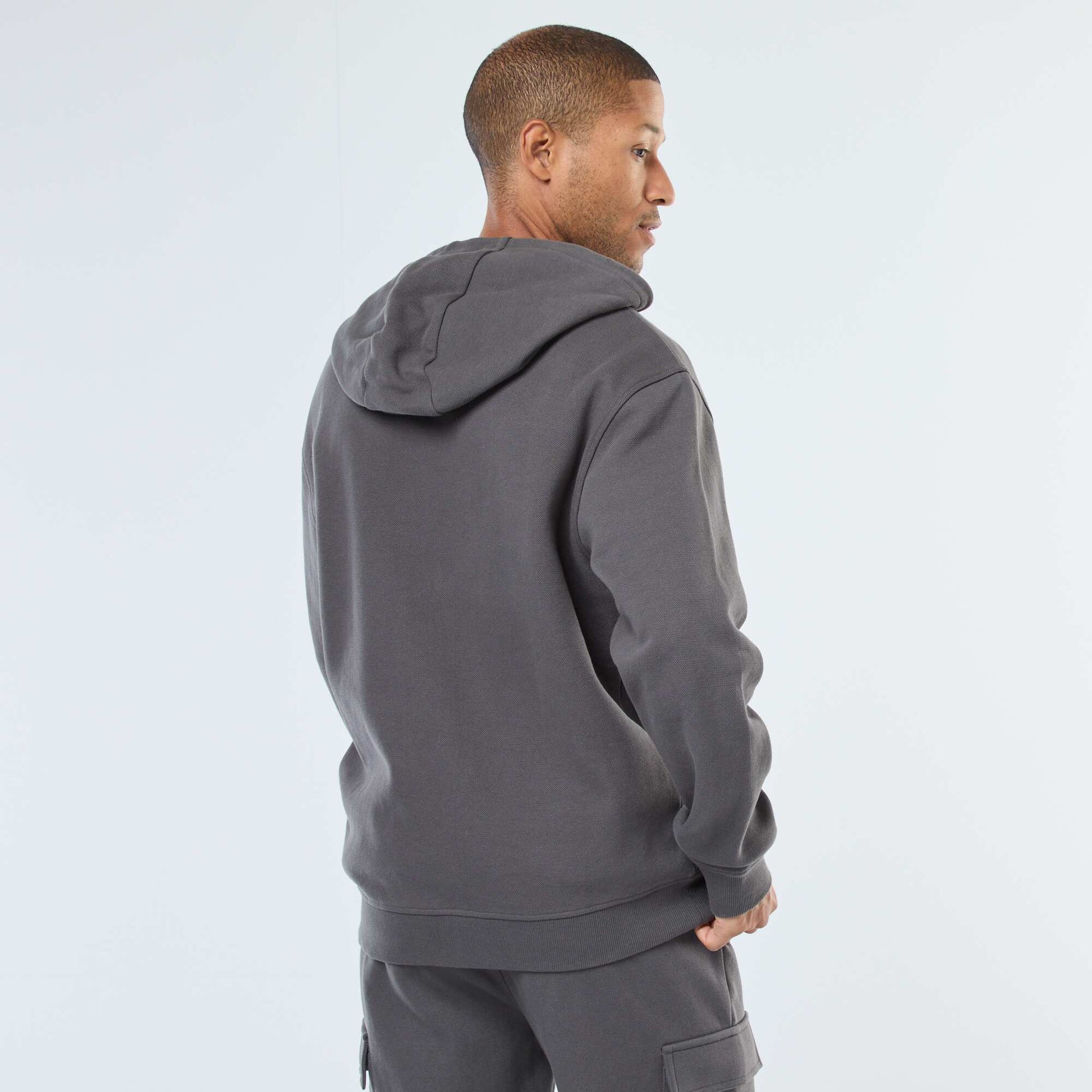 Sweat uni en maille piquée à capuche GRIS