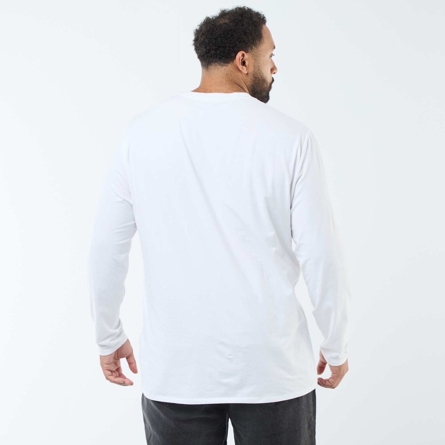 T-shirt uni à manches longues et col rond BLANC