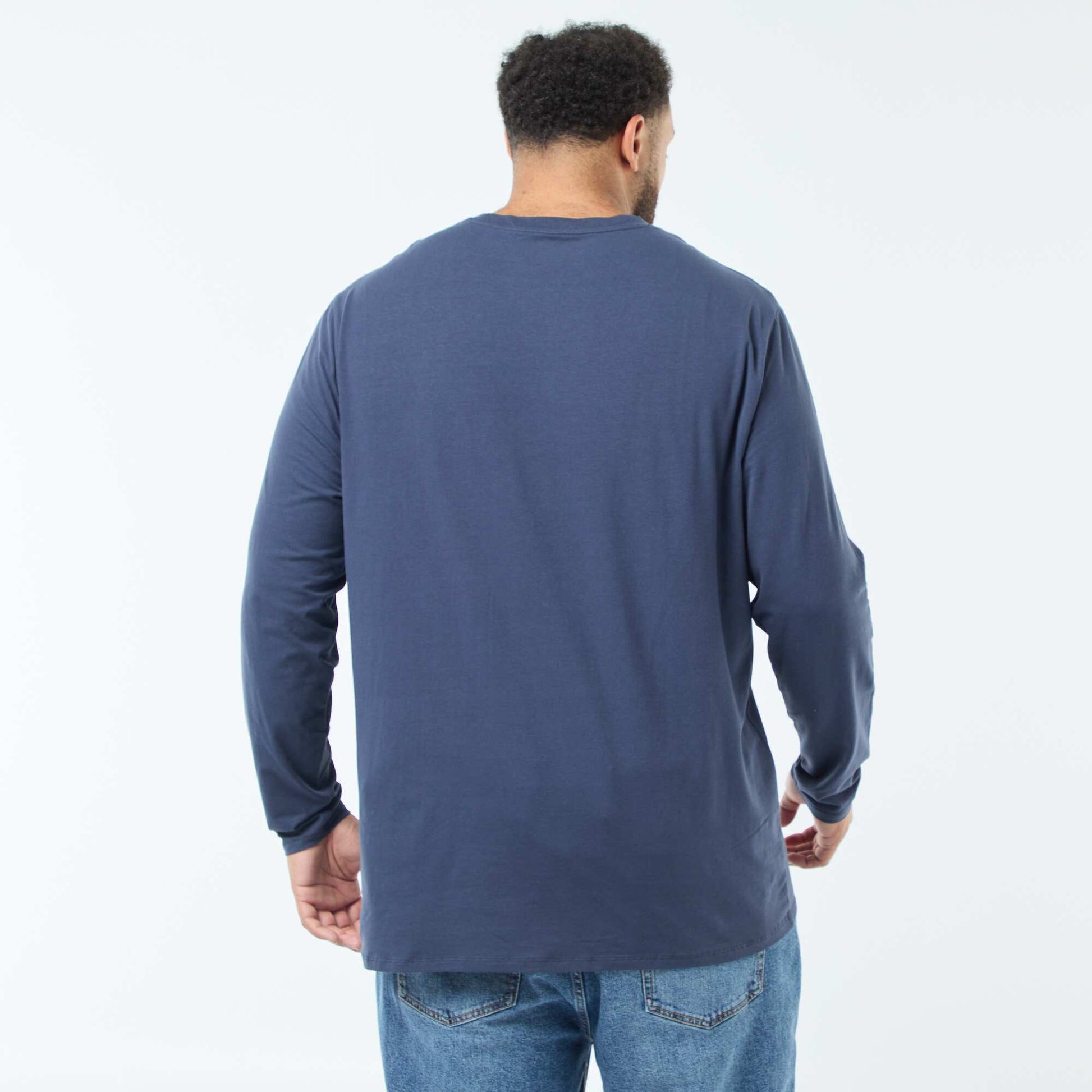 T-shirt uni à manches longues et col rond BLEU MARINE