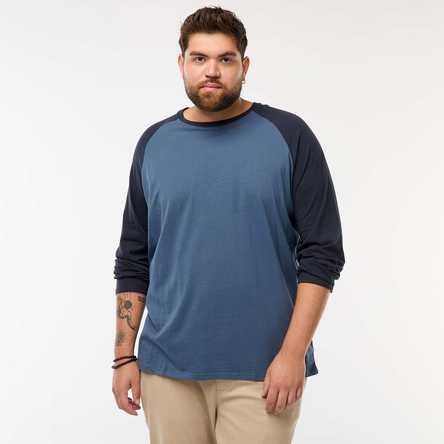 T-shirt à manches longues raglan et col rond BLEU