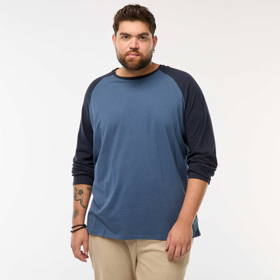 T-shirt à manches longues raglan et col rond BLEU