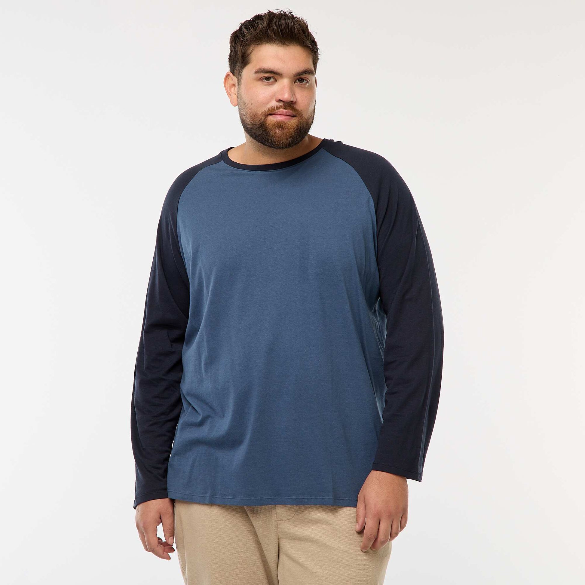 T-shirt à manches longues raglan et col rond BLEU