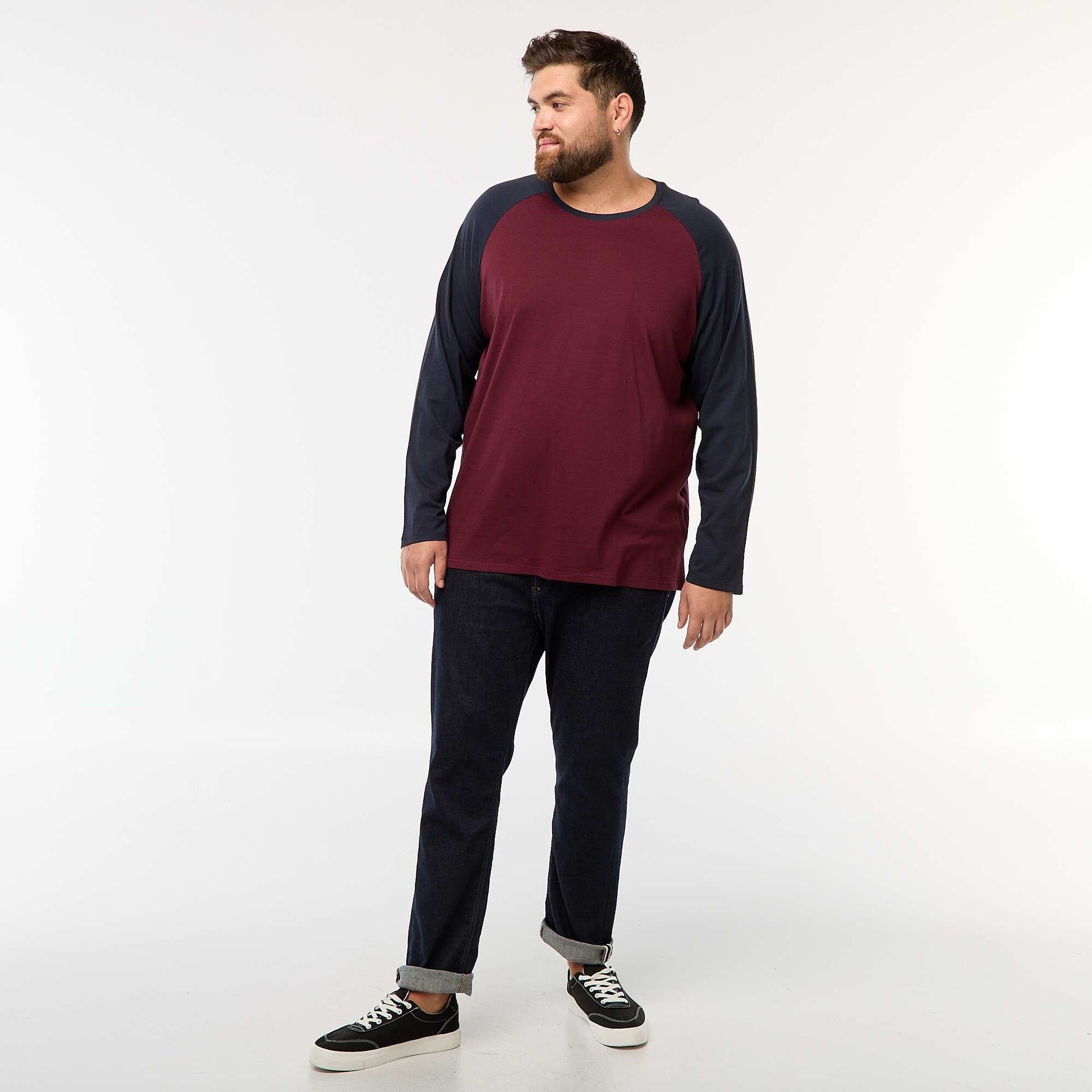 T-shirt à manches longues raglan et col rond ROUGE