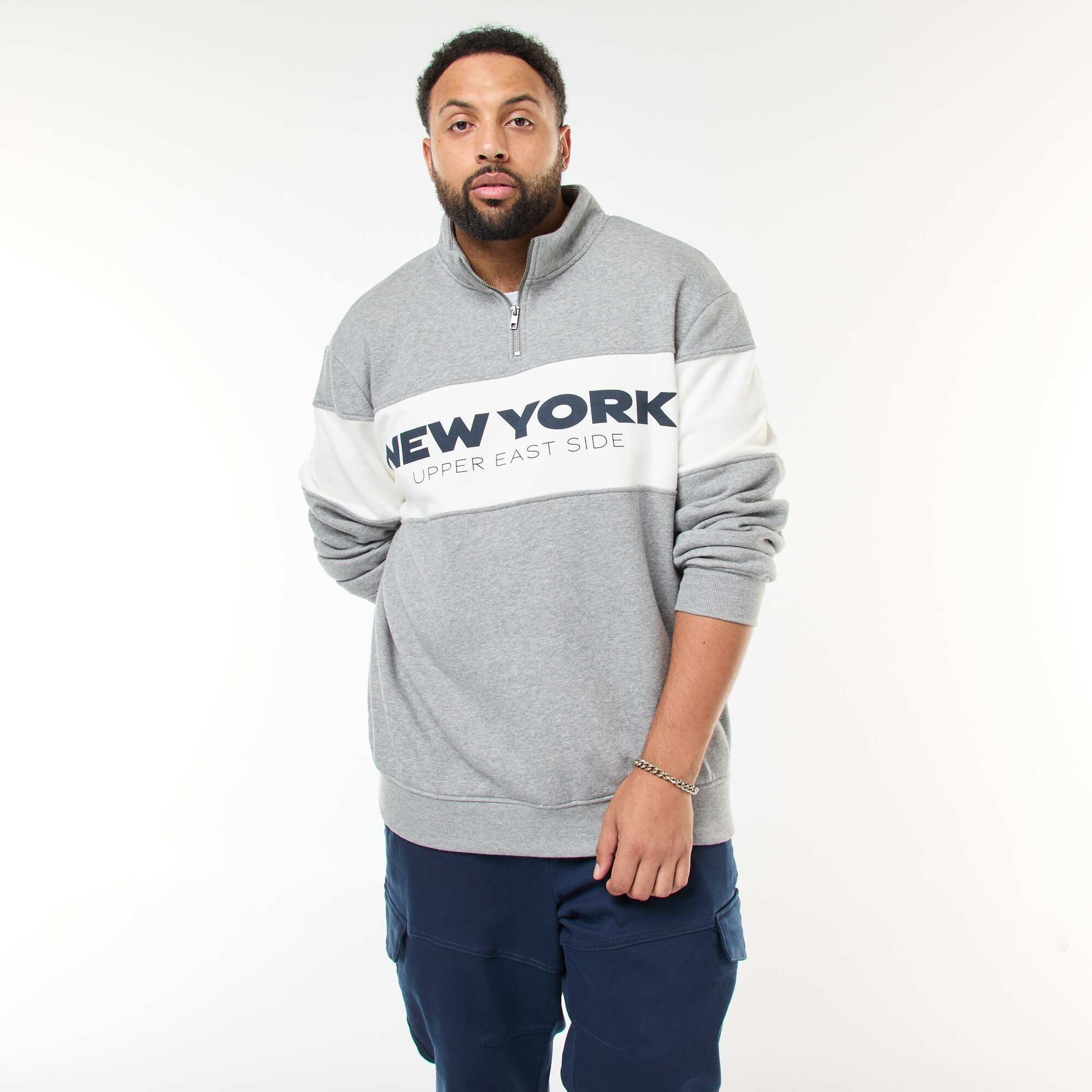 Pull col camionneur esprit colorblock en molleton GRIS
