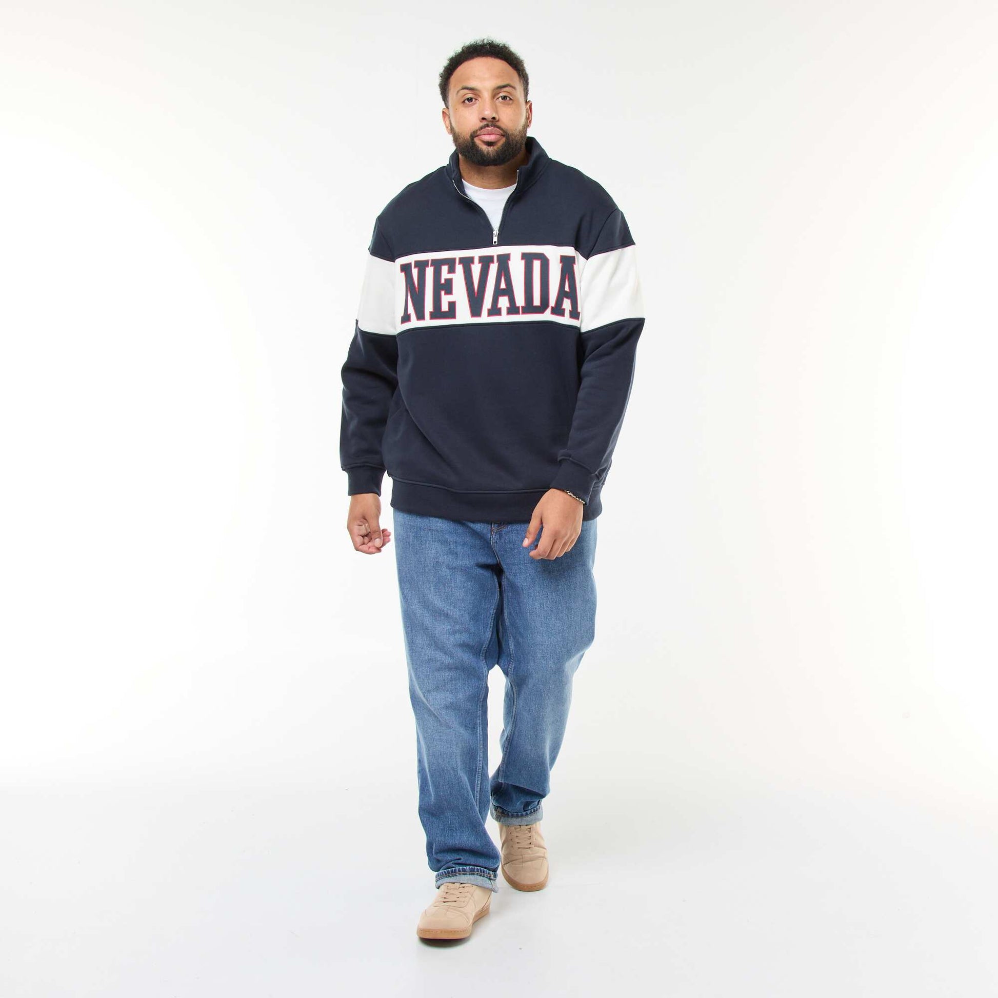 Pull col camionneur esprit colorblock en molleton BLEU
