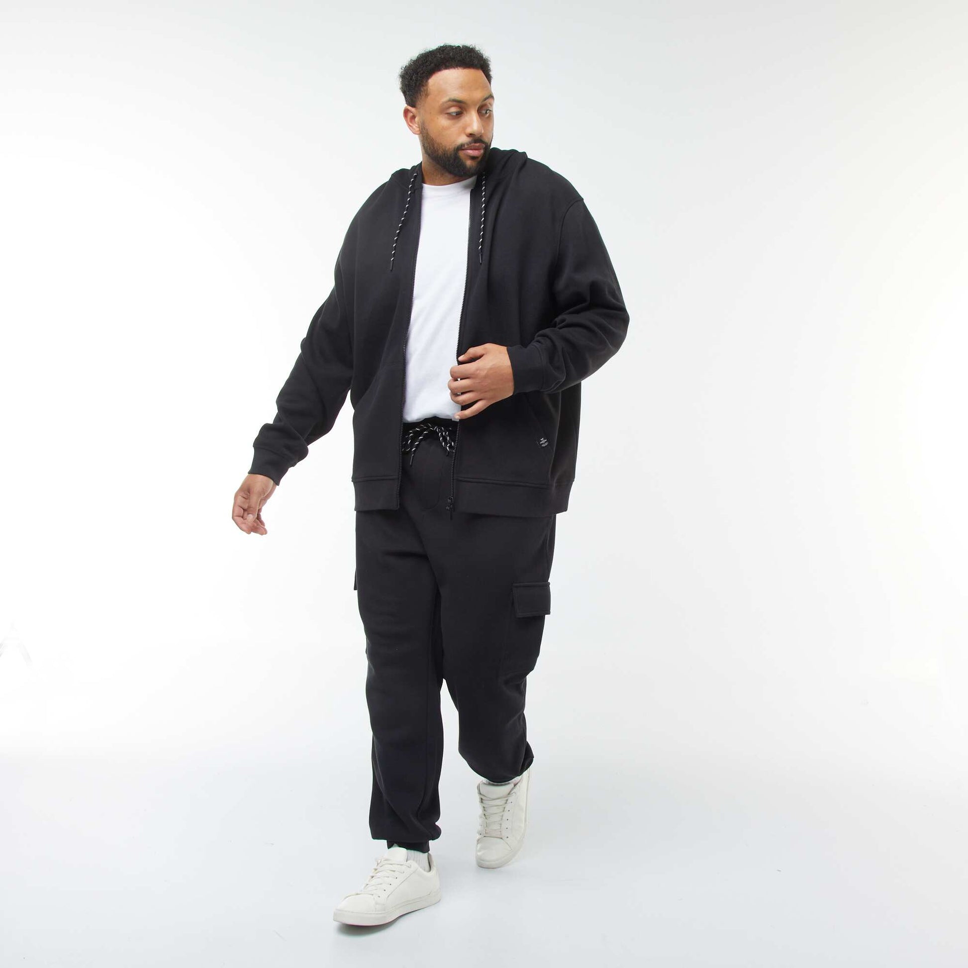 Sweat en maille piquée avec ouverture zippée et capuche NOIR