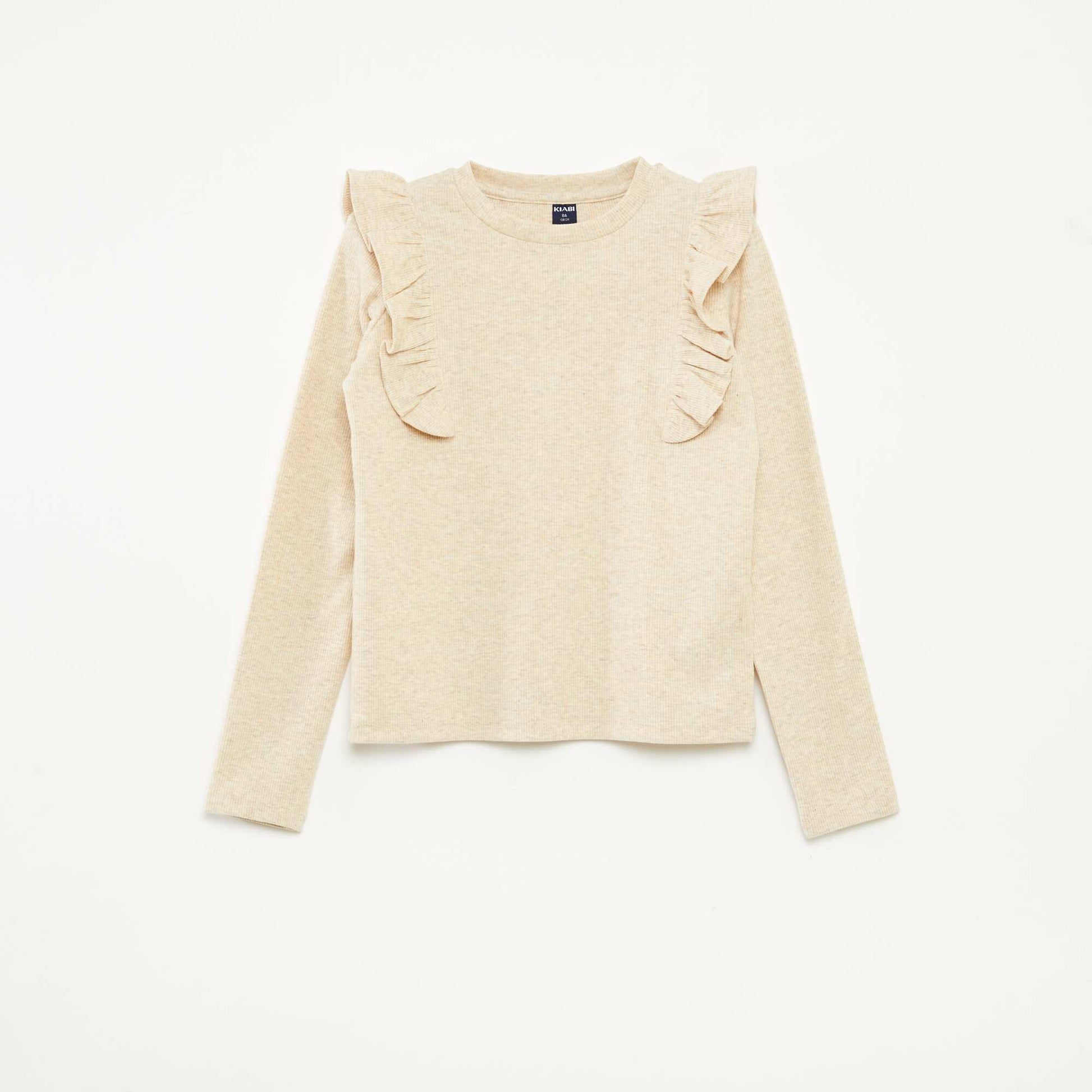 T-shirt à manches longues en matière côtelée BEIGE