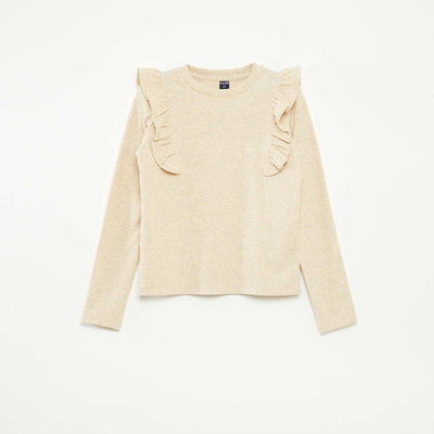 T-shirt à manches longues en matière côtelée BEIGE