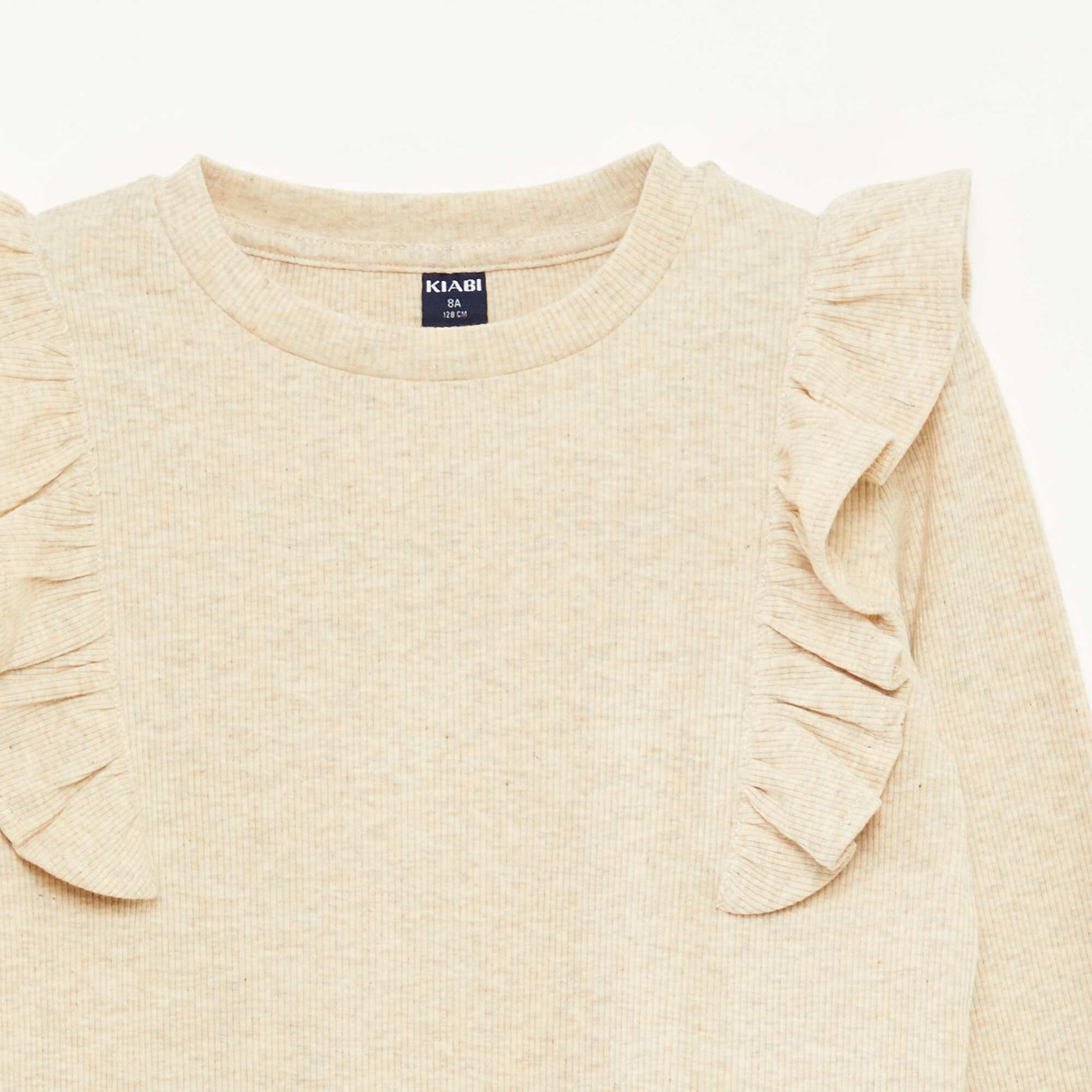 T-shirt à manches longues en matière côtelée BEIGE