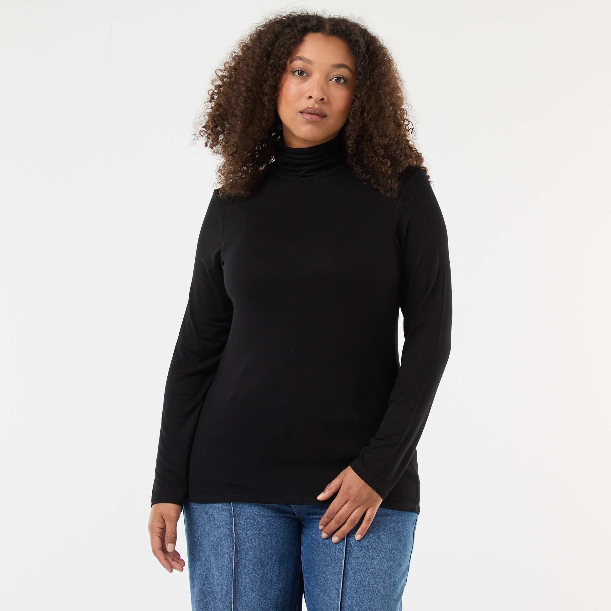 T-shirt manches longues col roulé uni NOIR