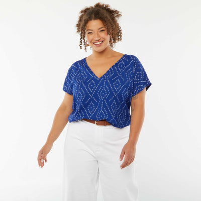 T-shirt en maille gaufrée manches courtes à motif BLEU