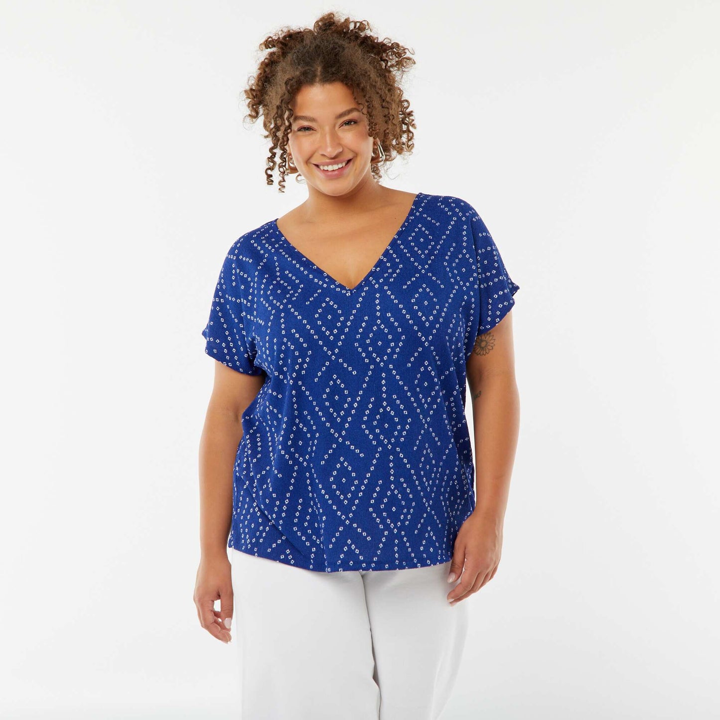 T-shirt en maille gaufrée manches courtes à motif BLEU