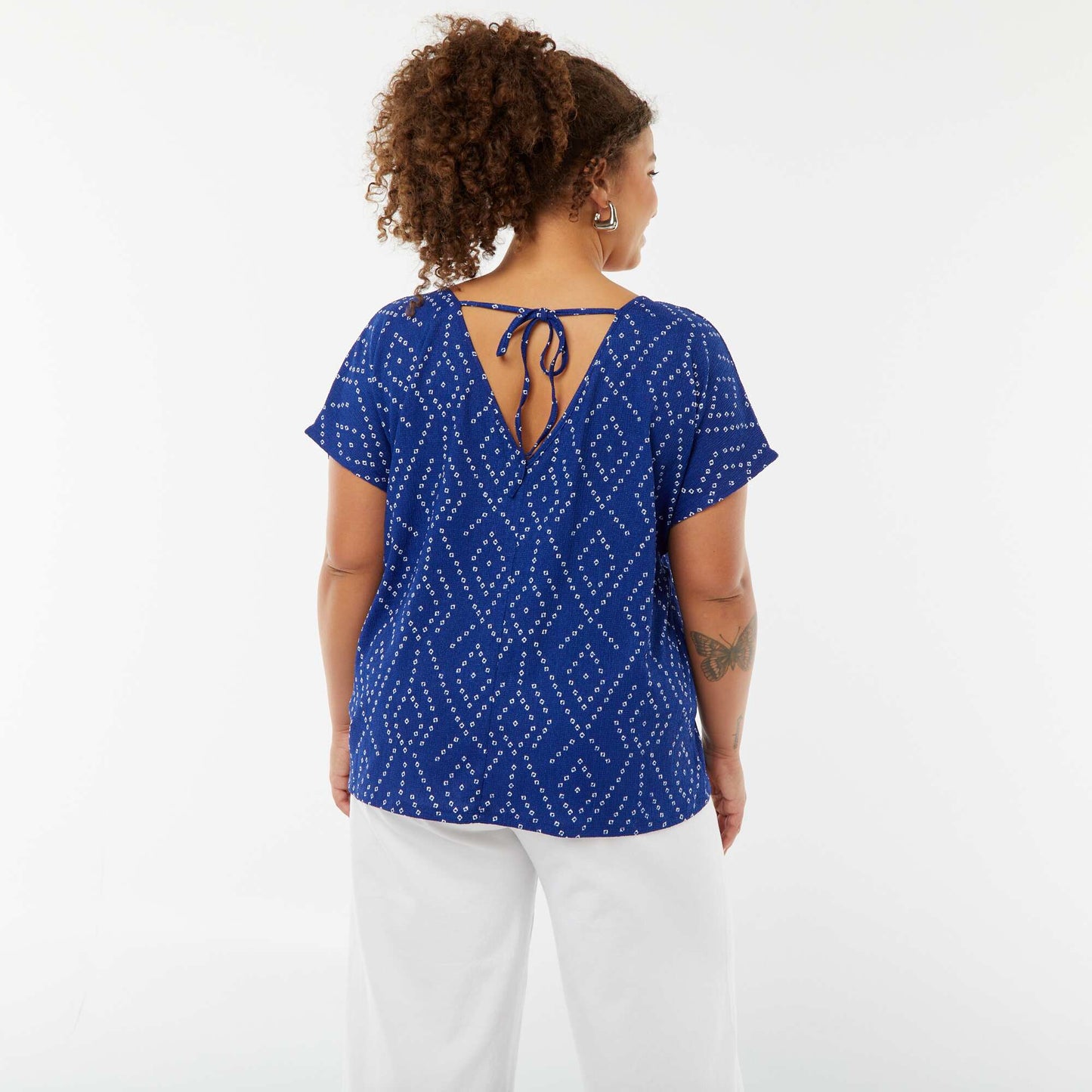 T-shirt en maille gaufrée manches courtes à motif BLEU