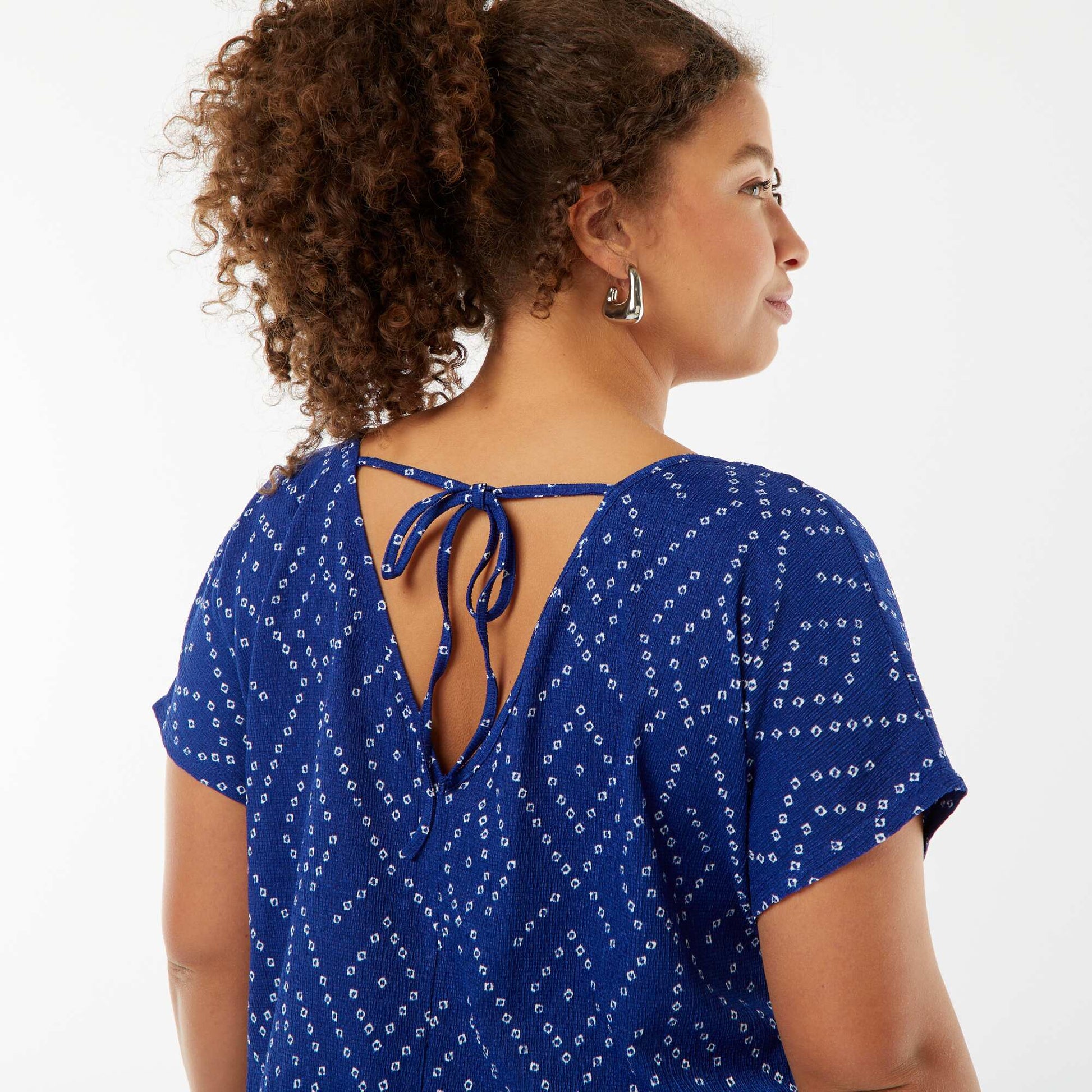 T-shirt en maille gaufrée manches courtes à motif BLEU