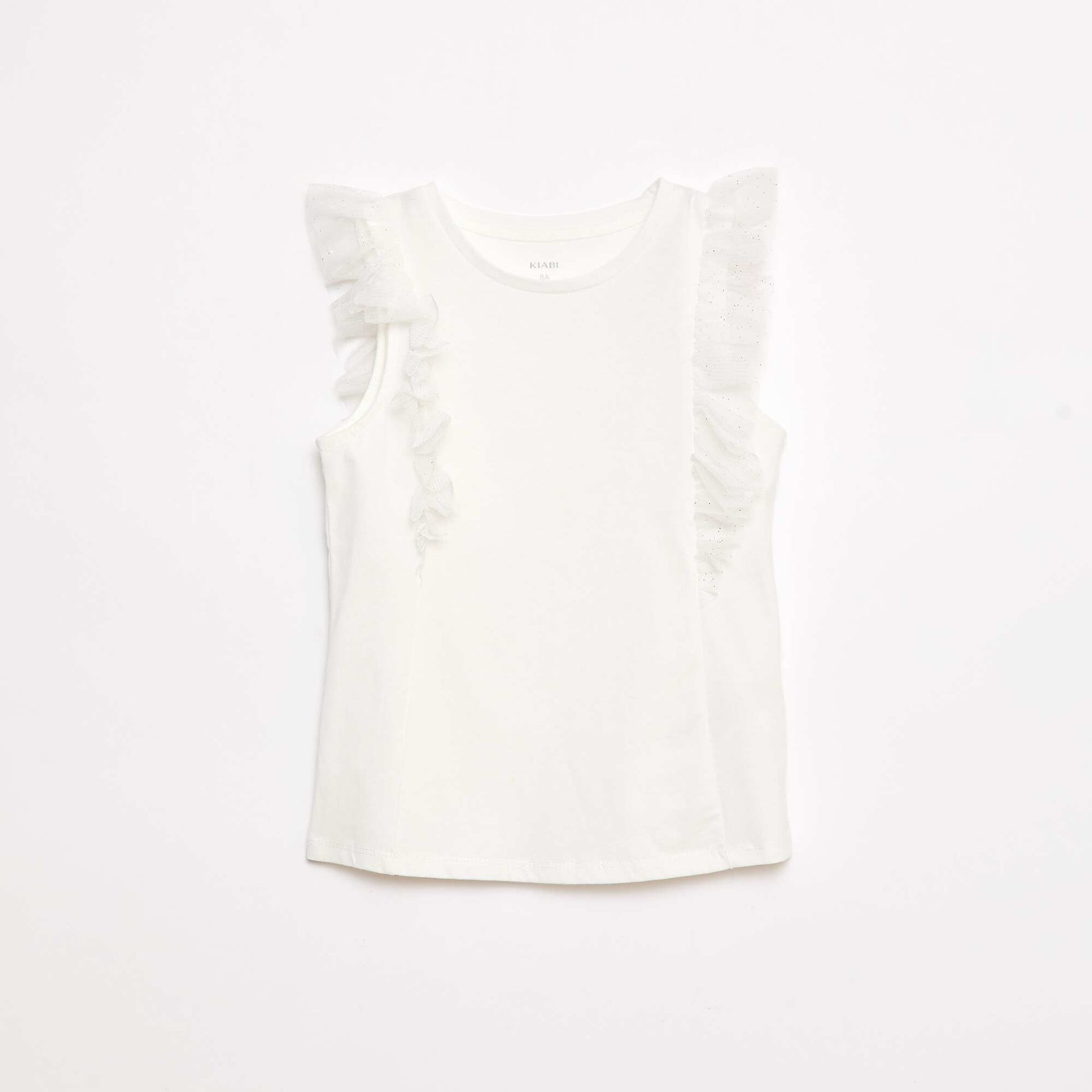 T-shirt coton avec manches volants en tulle BLANC