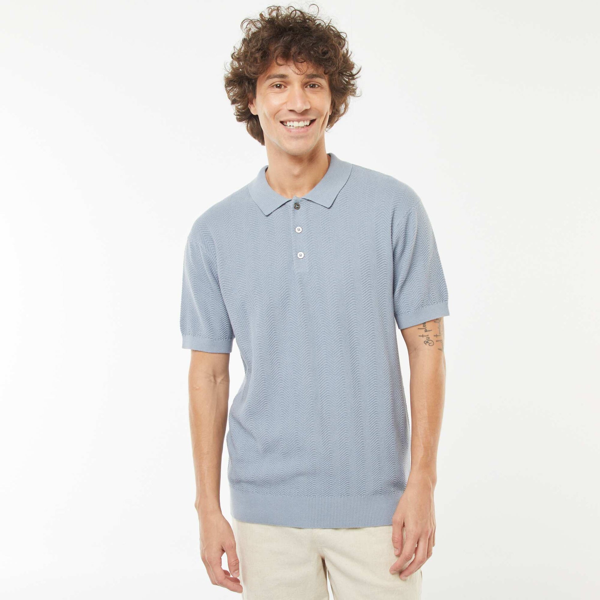 Polo en maille tricot  à manches courtes BLEU