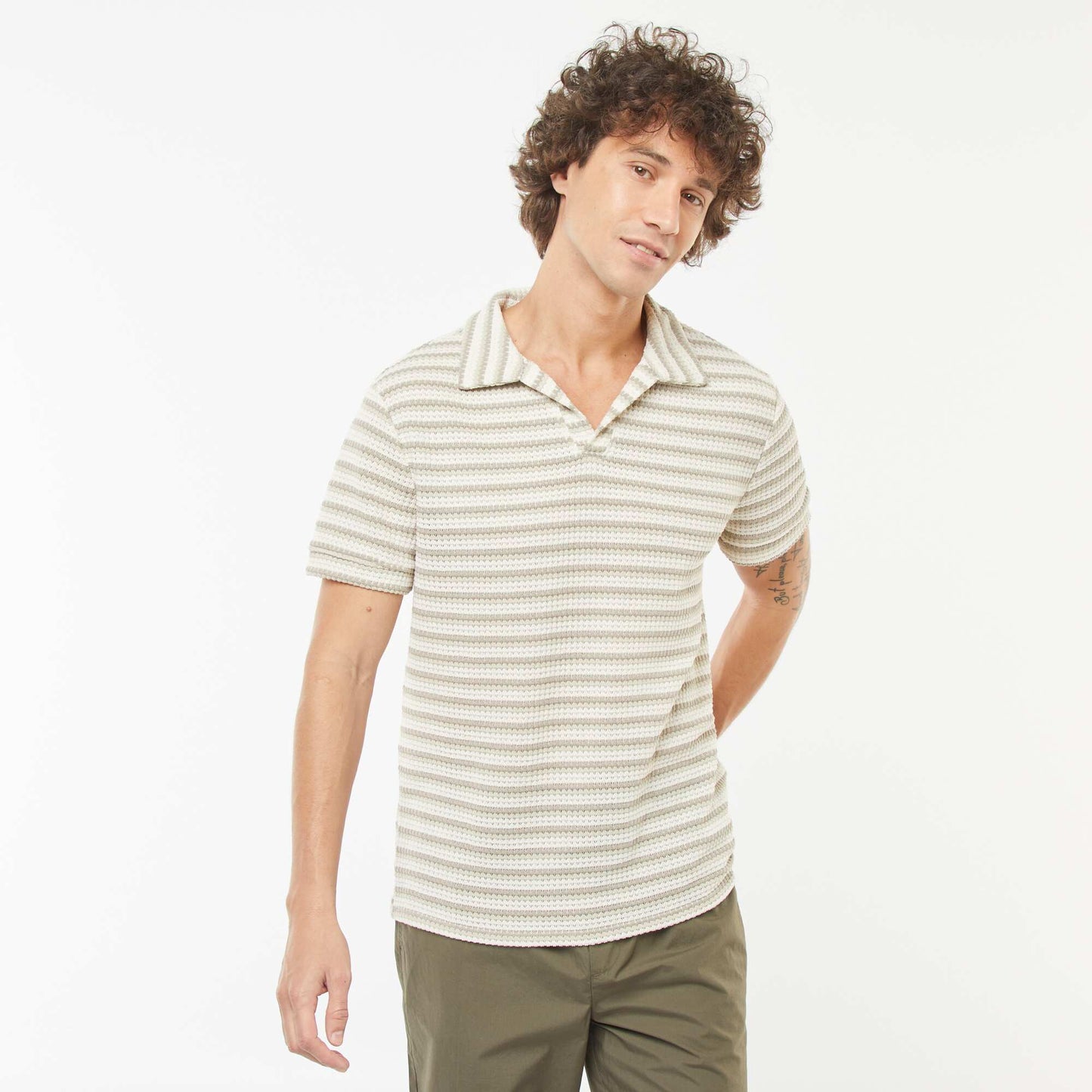 Polo manches courtes en maille fantaisie ajourée BLANC