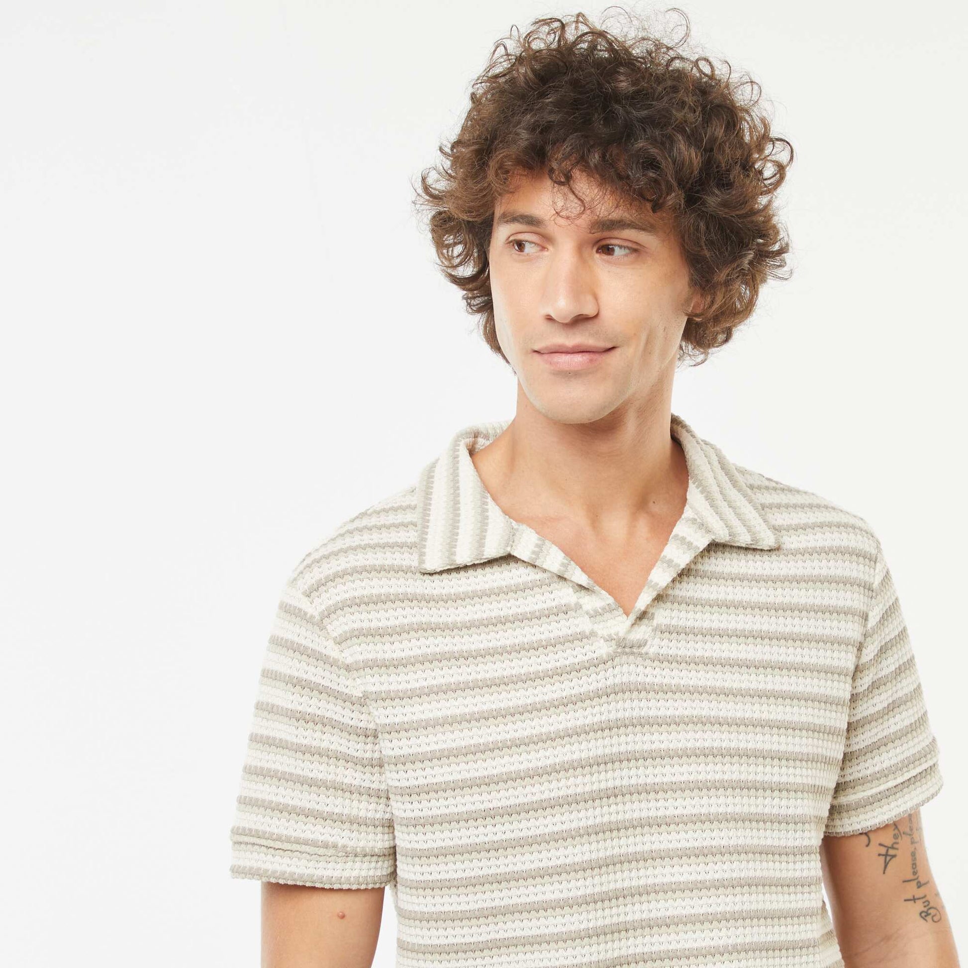 Polo manches courtes en maille fantaisie ajourée BLANC