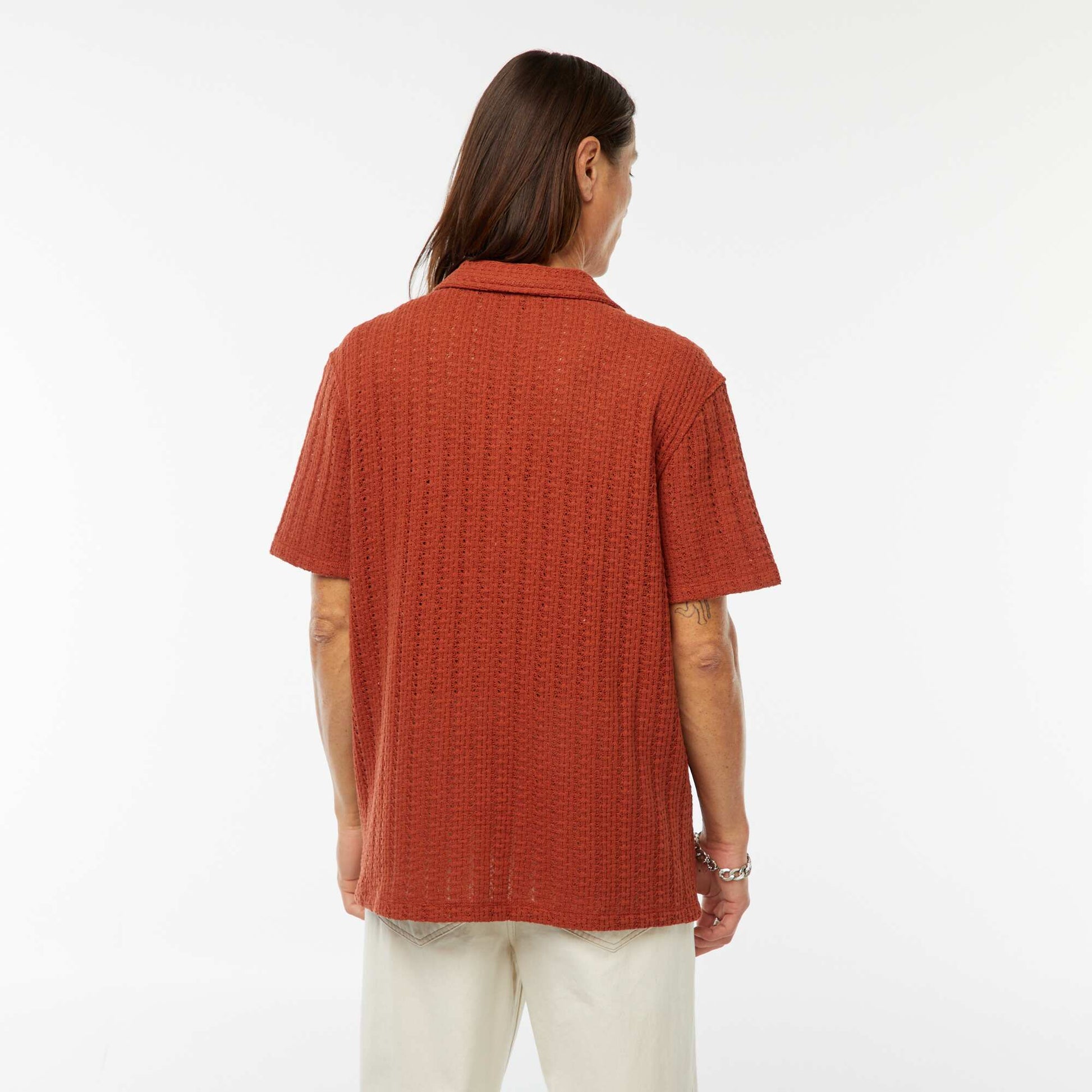 Chemise manches courtes en matière ajourée MARRON