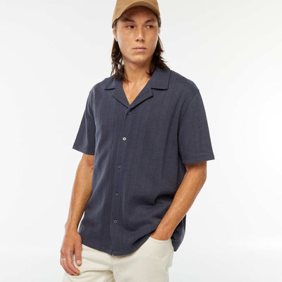 Chemise manches courtes en maille ajourée BLEU