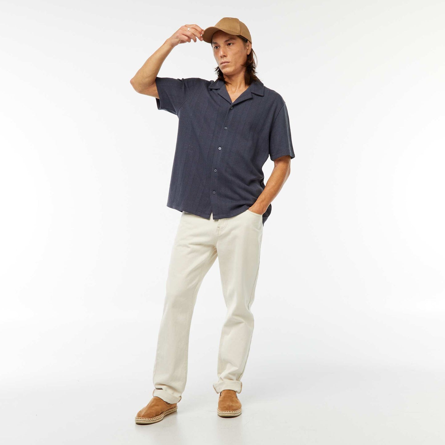 Chemise manches courtes en maille ajourée BLEU