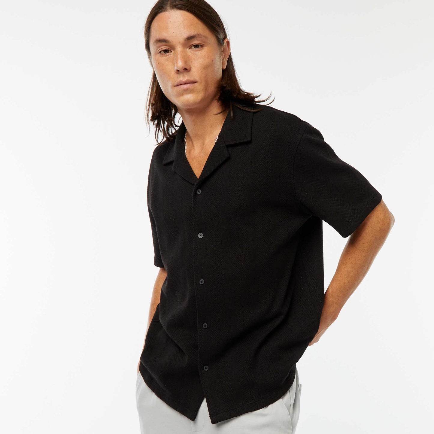Chemise manches courtes en maille ajourée NOIR